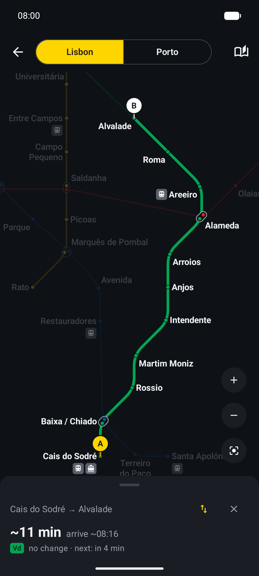Lisbon metro map highlighting Cais do Sodré to Alvalade on the Green line.