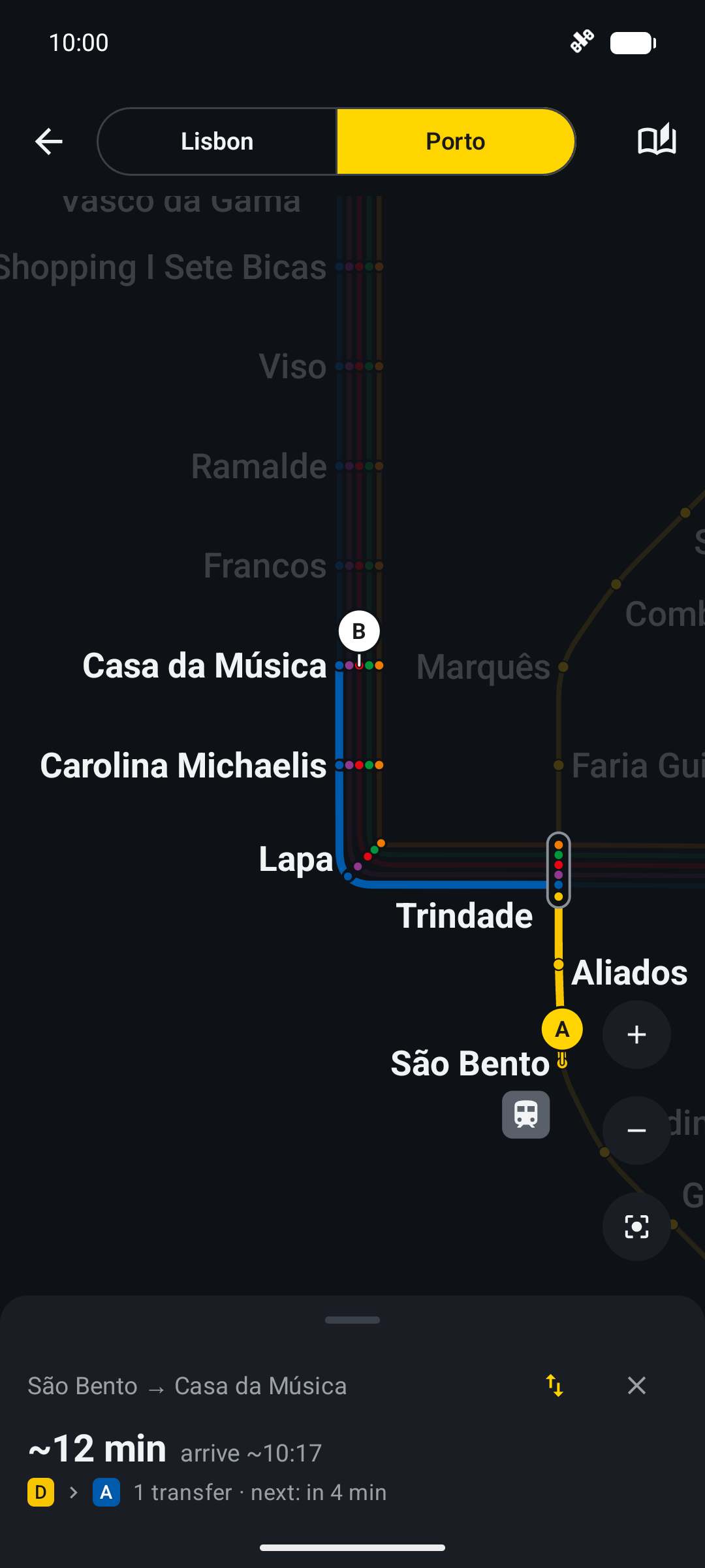 Porto metro map highlighting line D from São Bento to Trindade, then line A to Casa da Música.