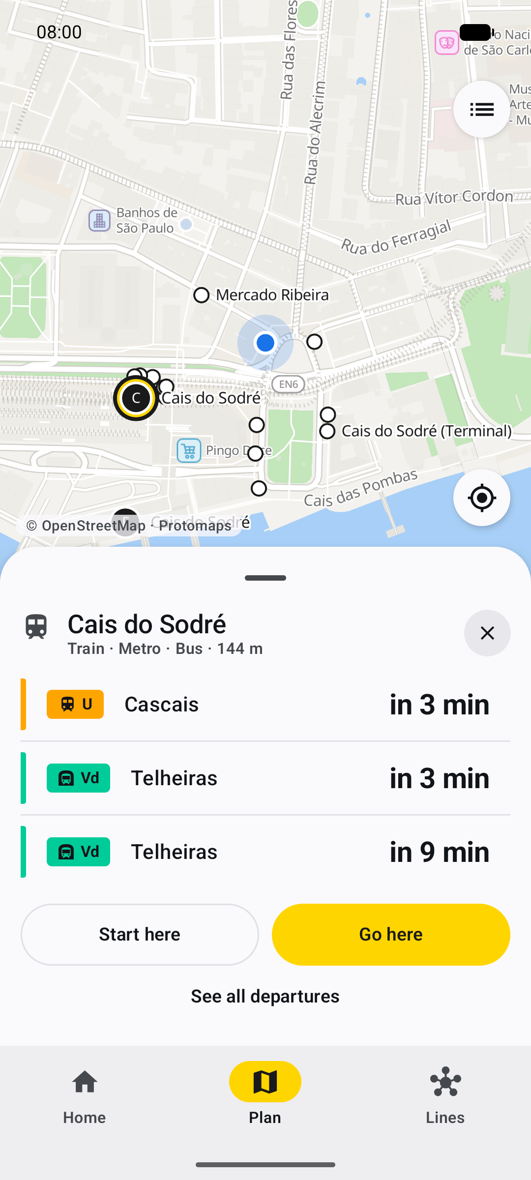 Map around Cais do Sodré with scheduled train and Green line metro departures.