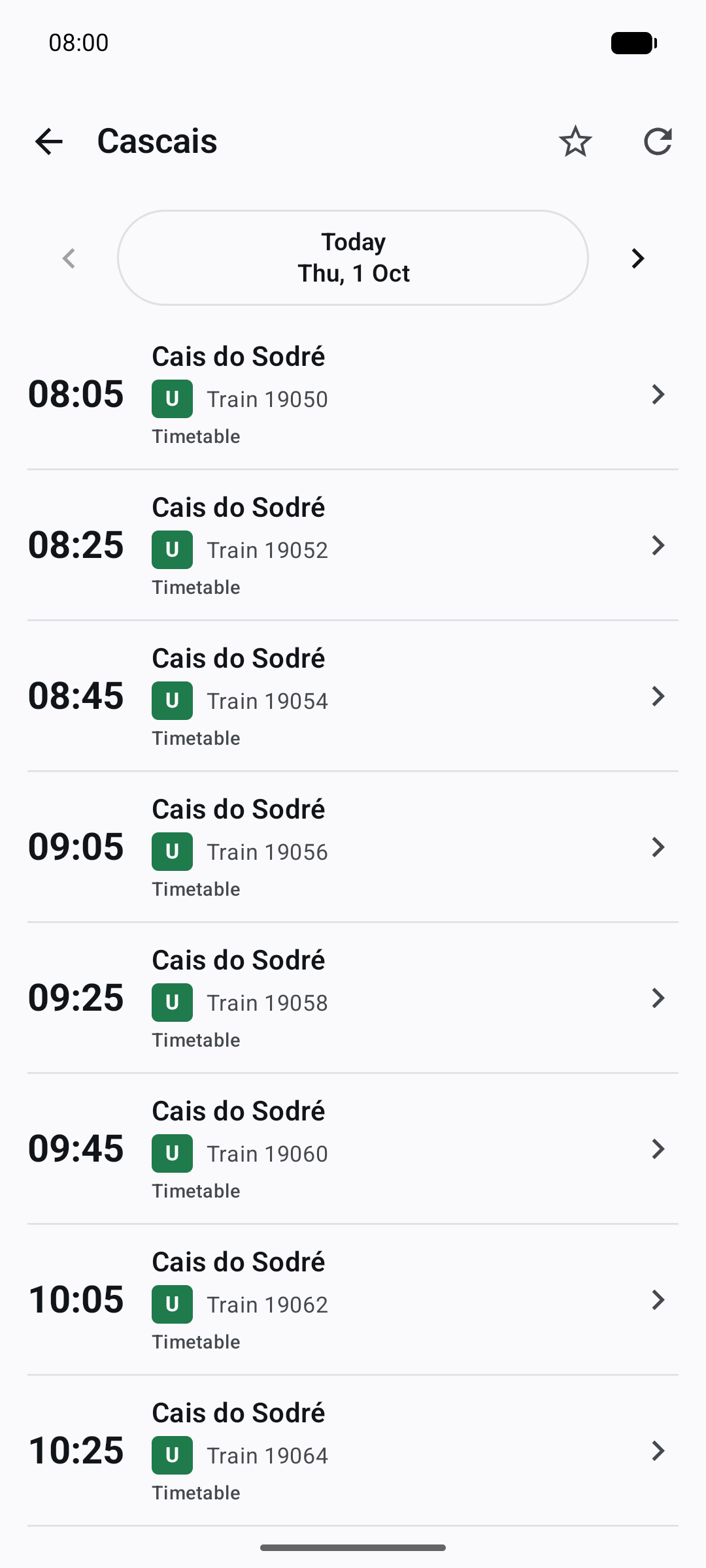 CP departures at Cascais with trains bound for Cais do Sodré.