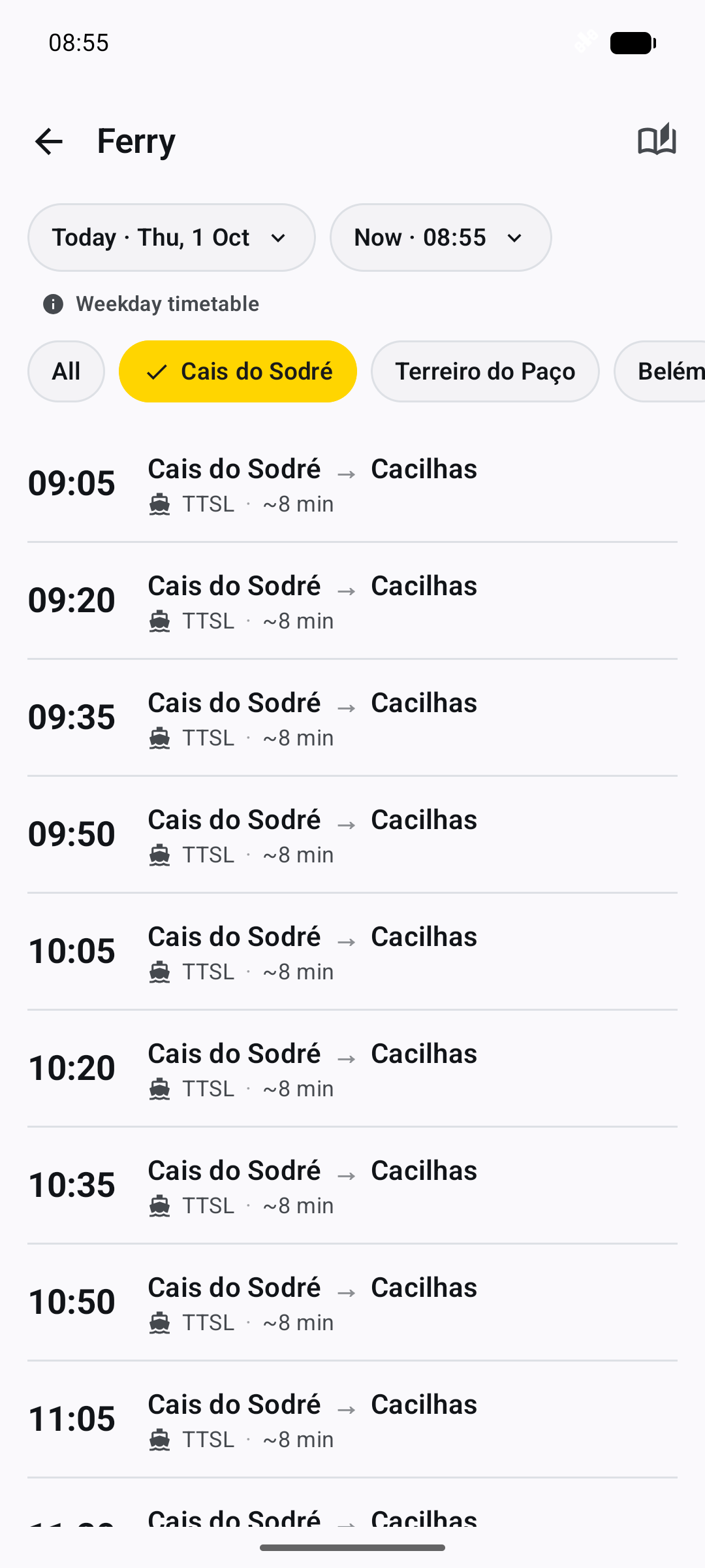 Transtejo Soflusa departure board from Cais do Sodré toward Cacilhas.