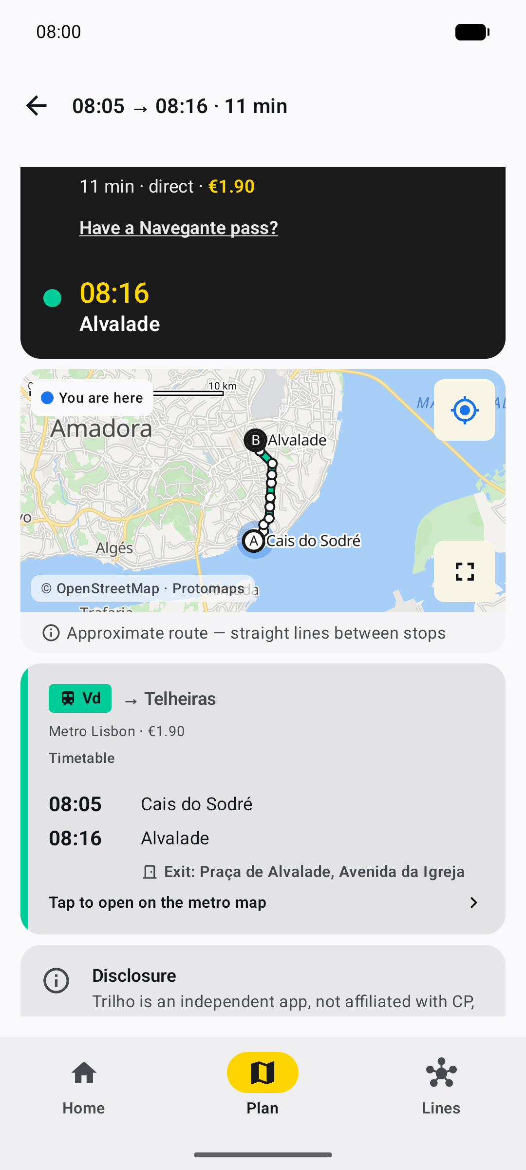 Details and estimated fare for the Green line metro trip from Cais do Sodré to Alvalade.