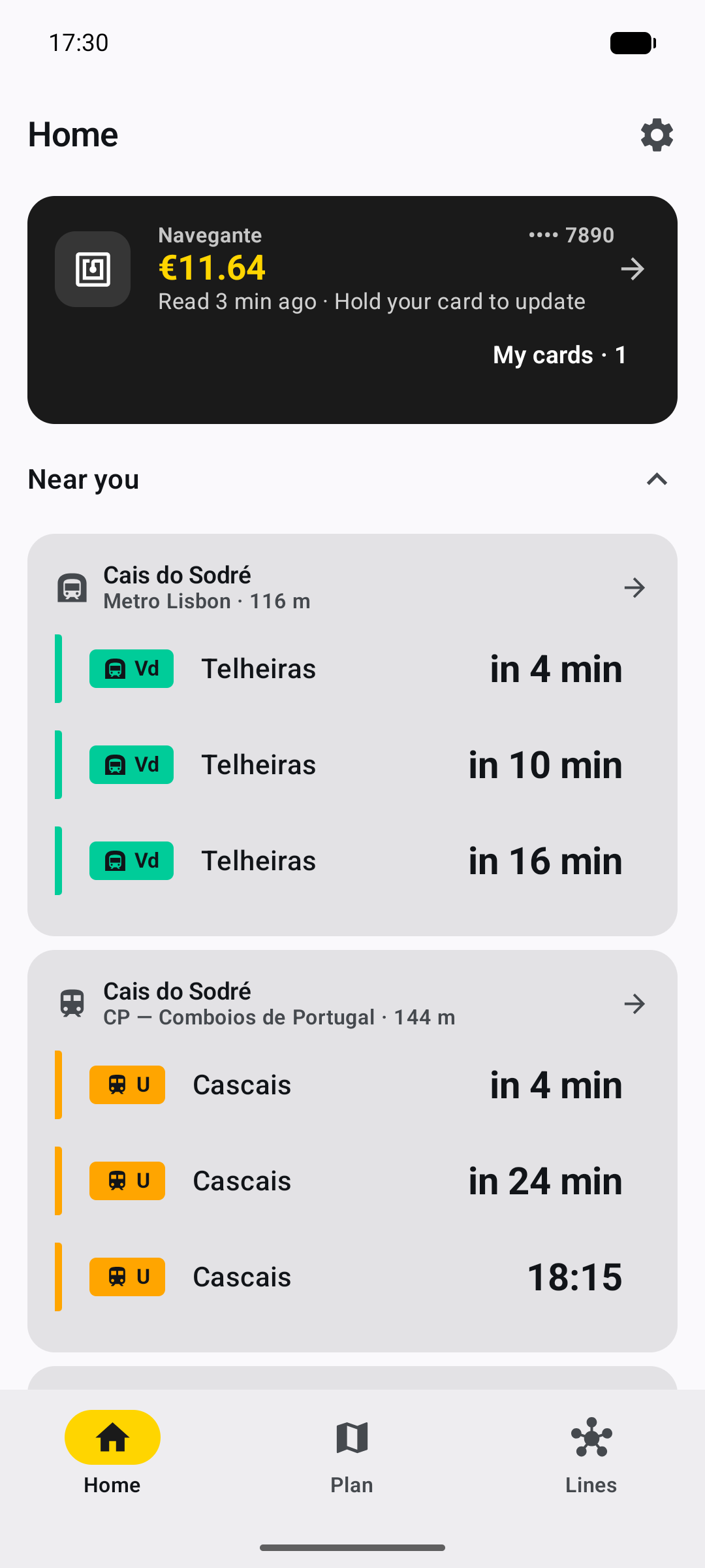 Trilho Home showing the saved reading of a demonstration Navegante card.