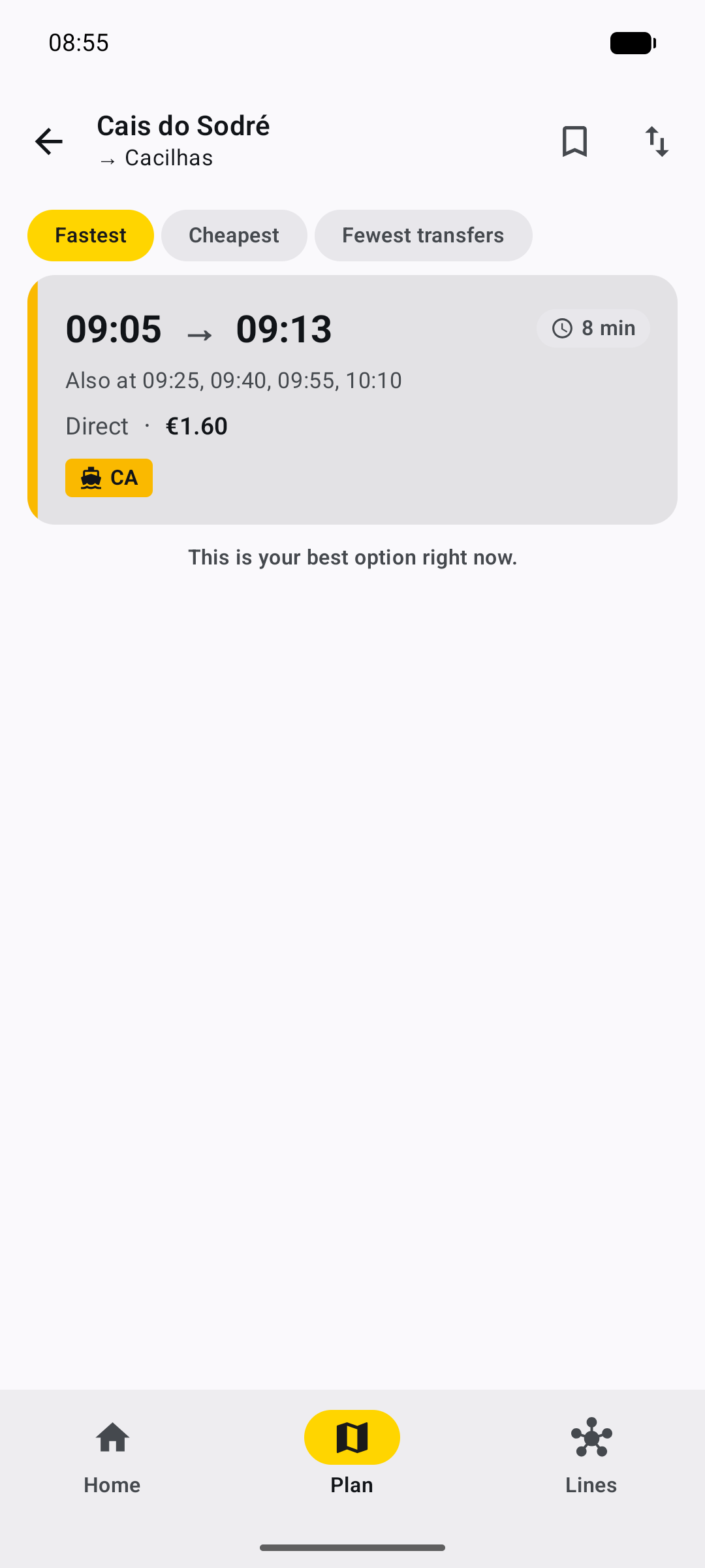 Cais do Sodré to Cacilhas ferry route showing 09:05–09:13 and an estimated fare.