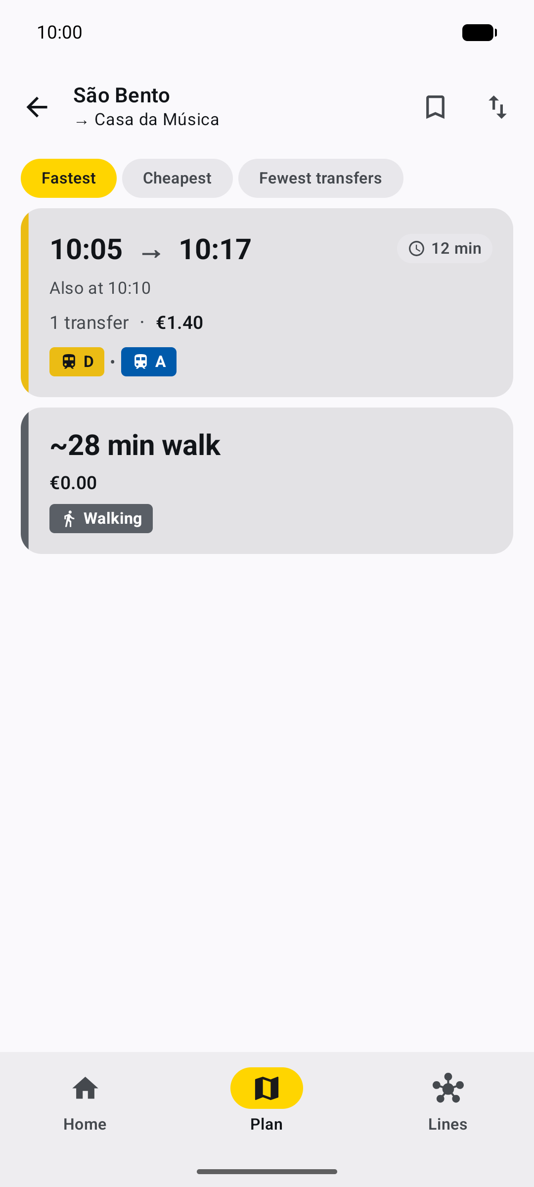 Trilho route options from São Bento to Casa da Música in Porto.