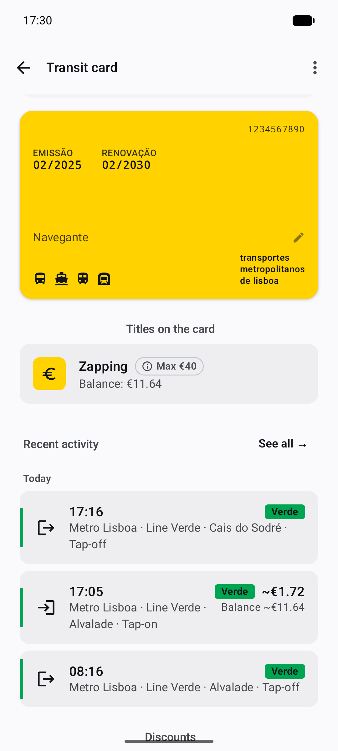 Saved Navegante card showing a demonstration zapping balance of €11.64 and recent metro taps.