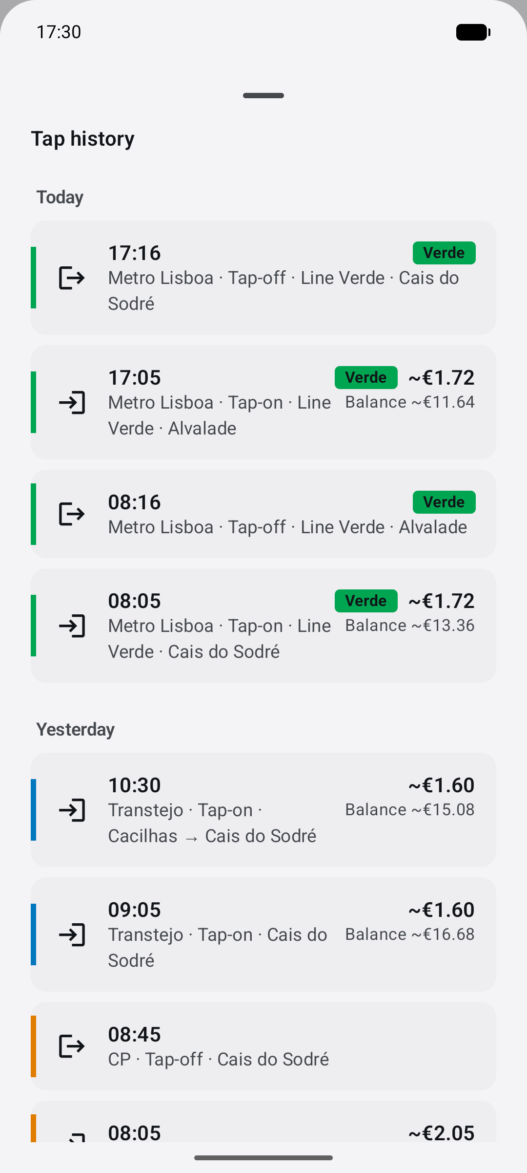 Local Navegante history showing saved taps at Cais do Sodré, Alvalade and Cacilhas, with estimated fares.