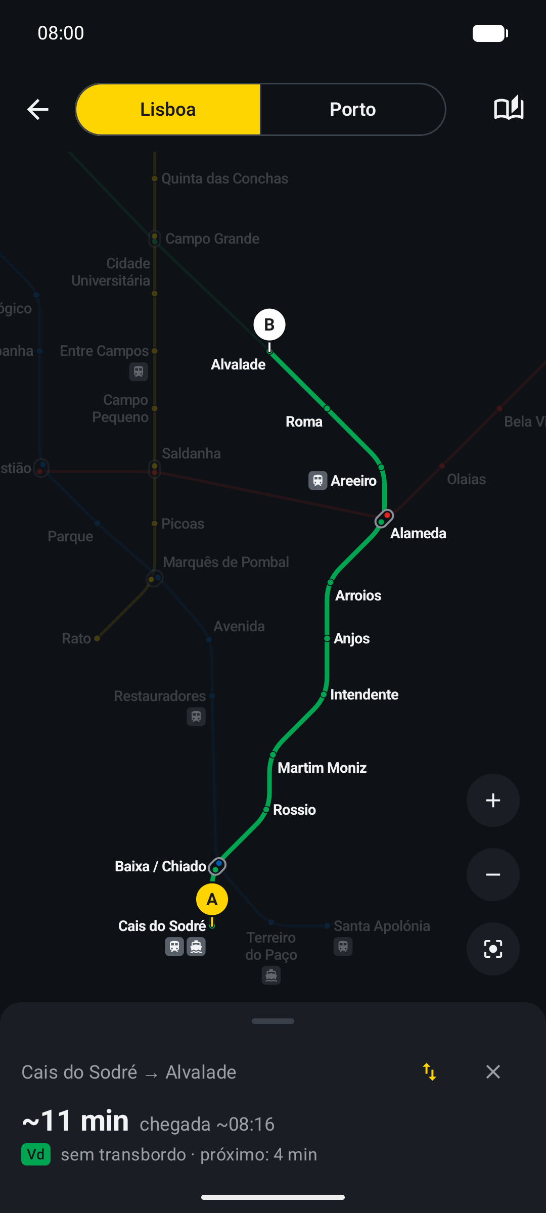 Carta do Metro de Lisboa com o percurso do Cais do Sodré a Alvalade destacado na linha Verde.