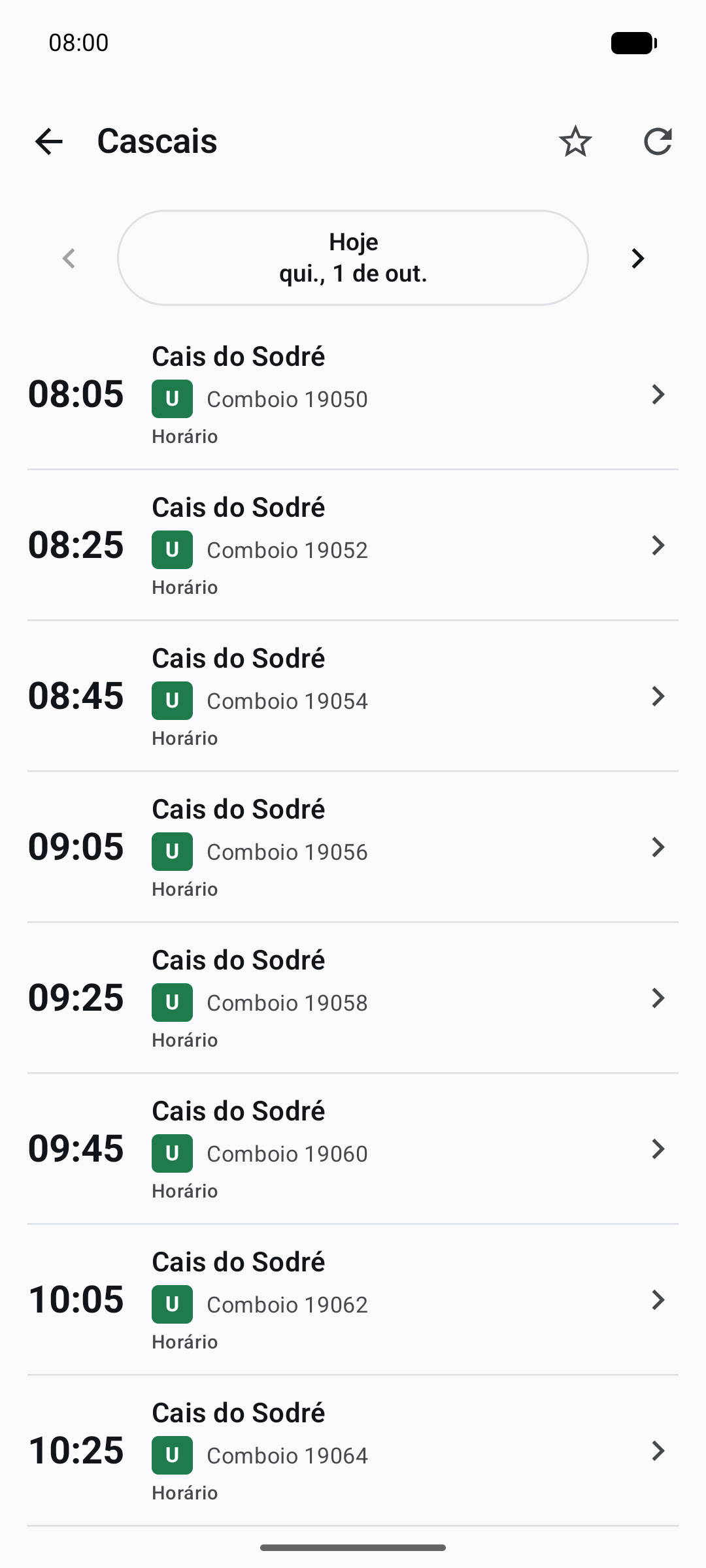 Partidas da CP em Cascais, com comboios para o Cais do Sodré.