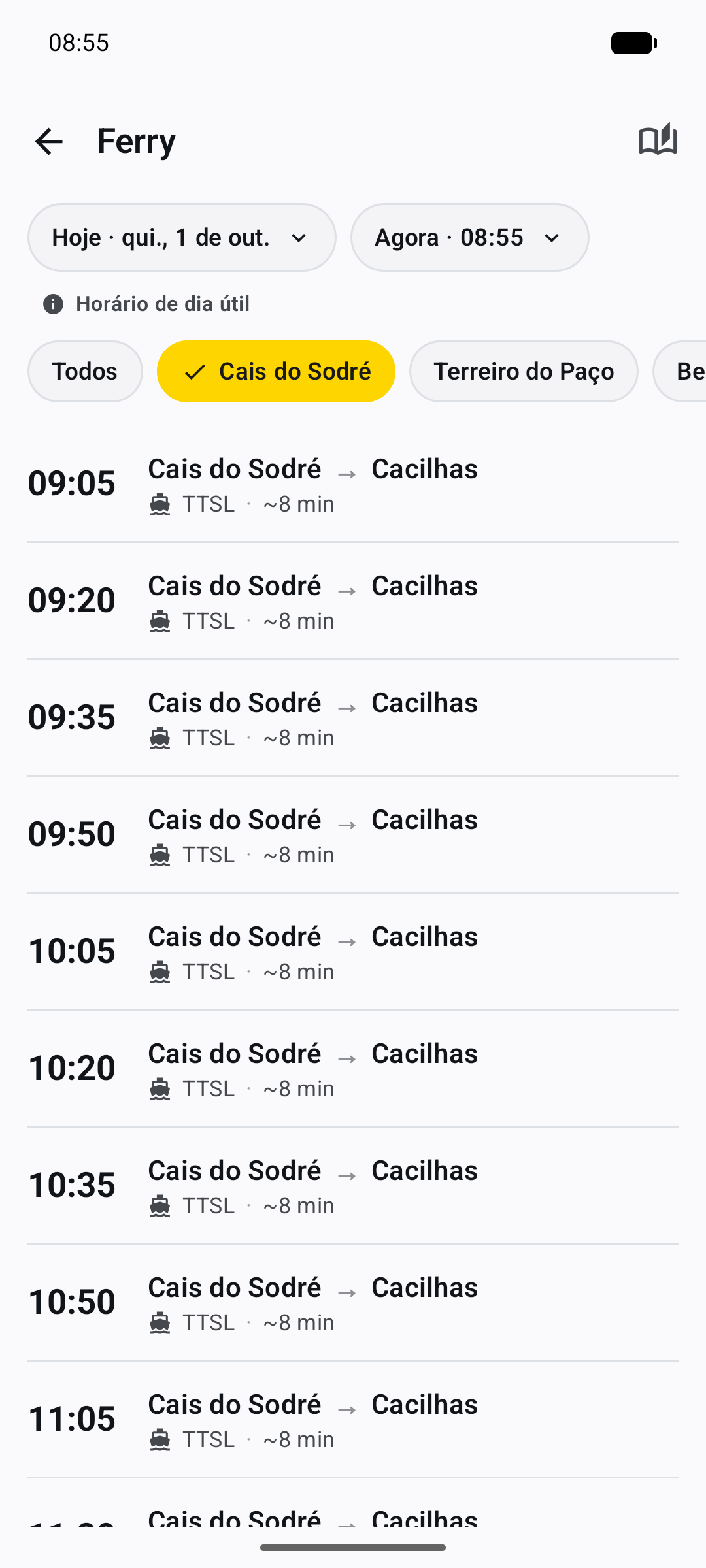 Quadro de partidas da Transtejo Soflusa, do Cais do Sodré para Cacilhas.