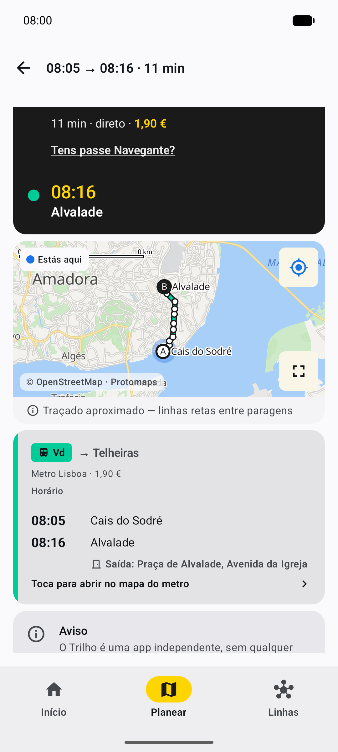 Detalhe e preço estimado da viagem na linha Verde, do Cais do Sodré a Alvalade.
