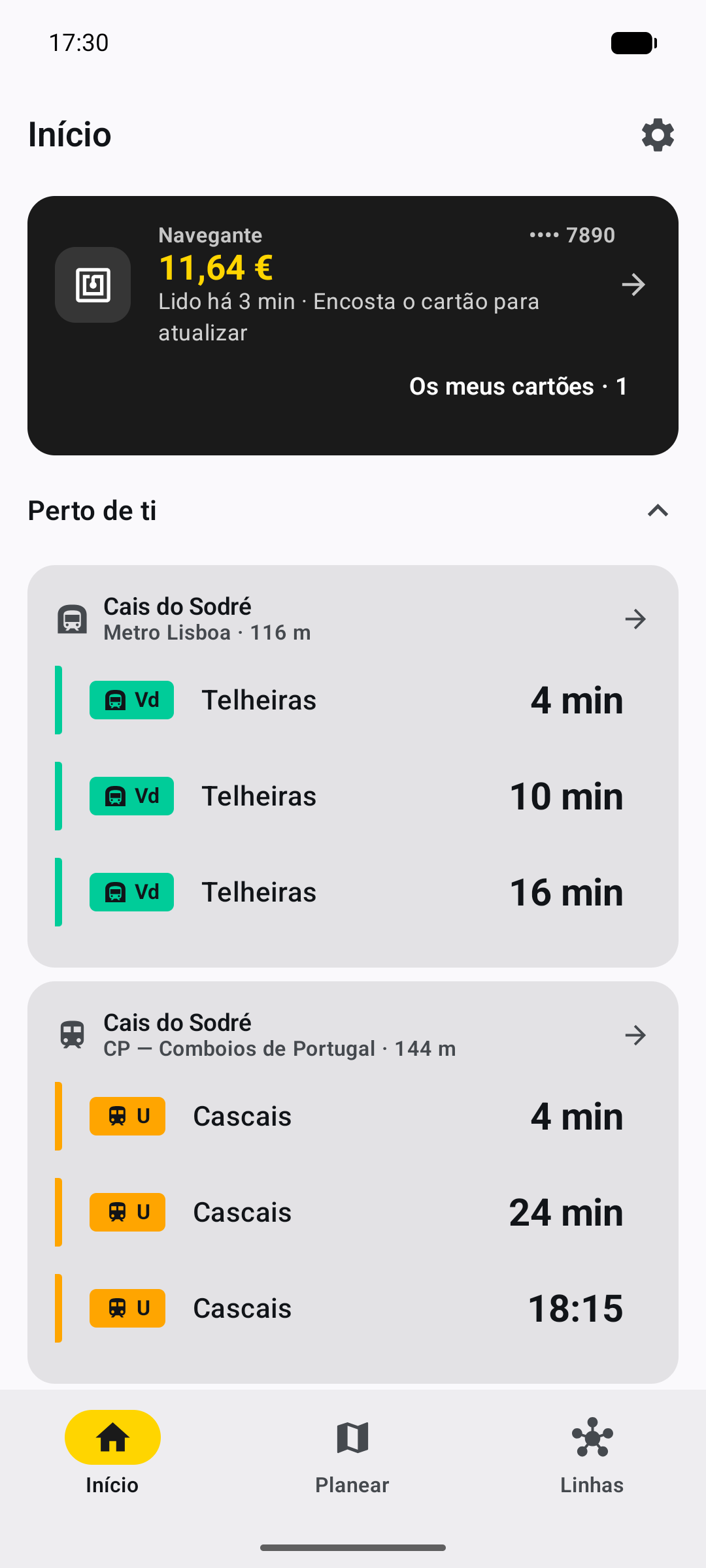Início do Trilho com a leitura guardada de um cartão Navegante de demonstração.