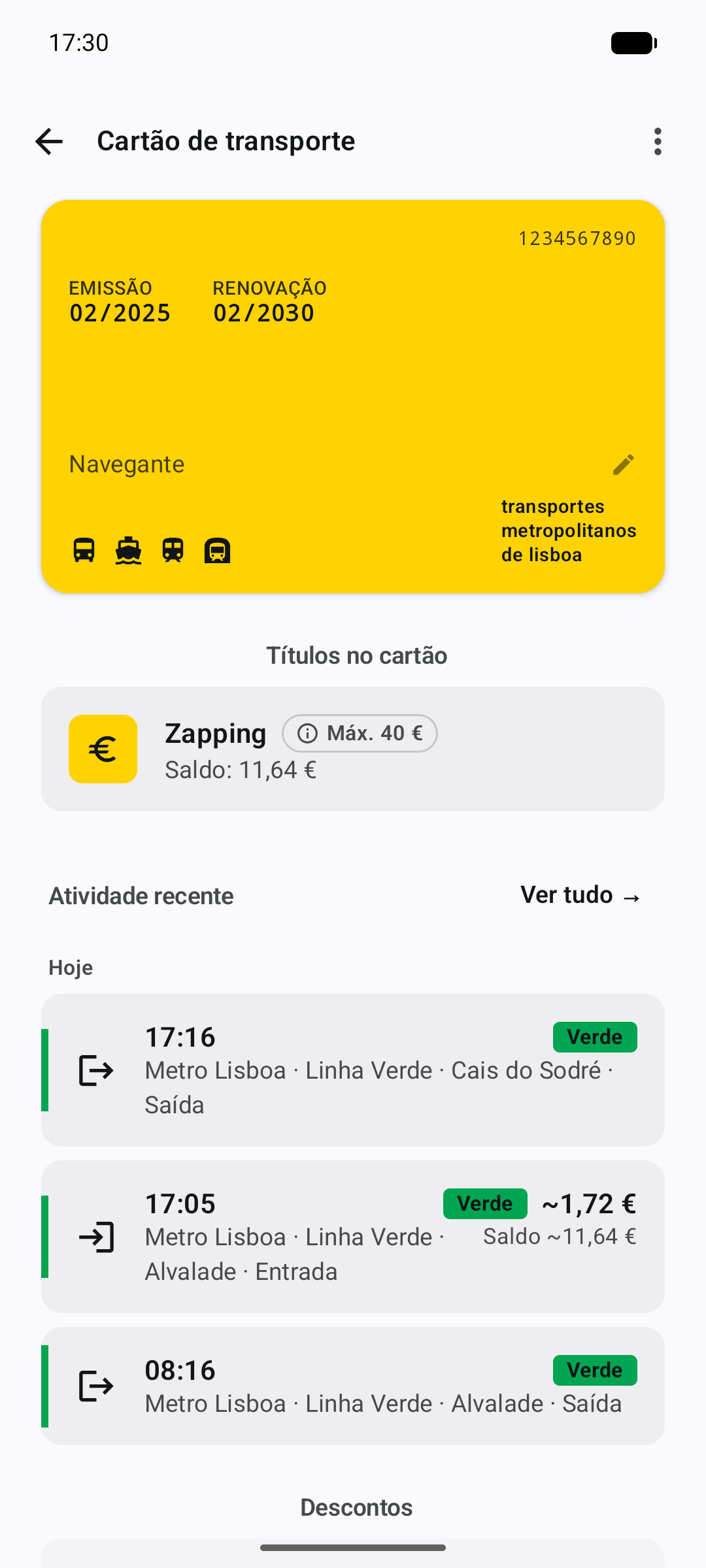 Navegante guardado com saldo zapping de demonstração de 11,64 € e validações recentes no metro.
