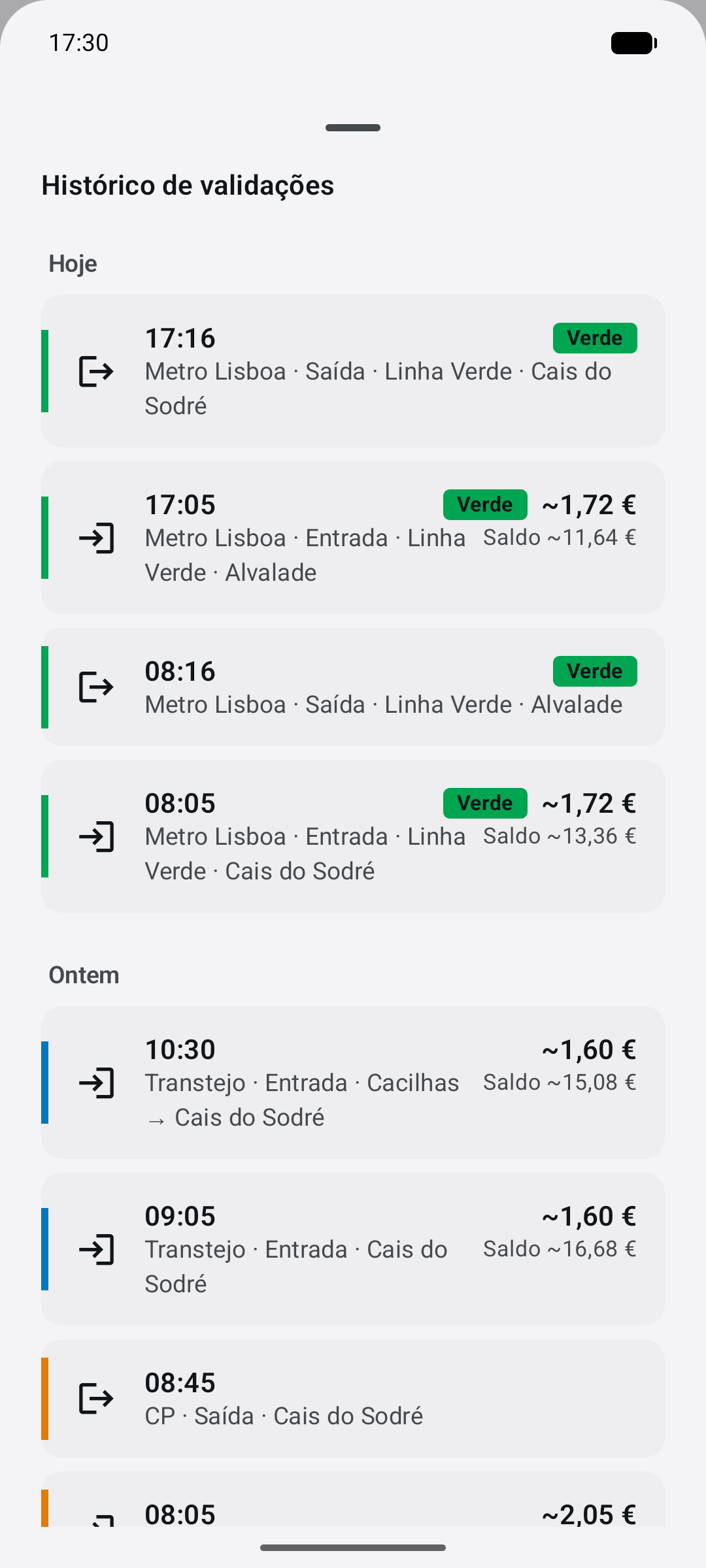Histórico local do Navegante com validações guardadas no Cais do Sodré, em Alvalade e em Cacilhas, e preços estimados.